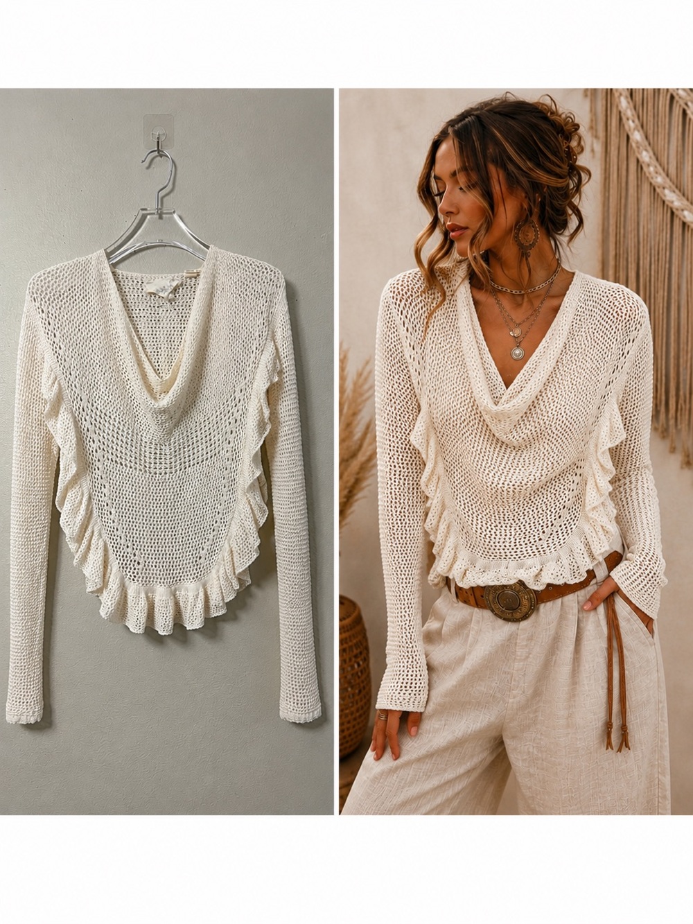 Anthropologie Angel of the North cream open-knit crochet Top Size Small Boho